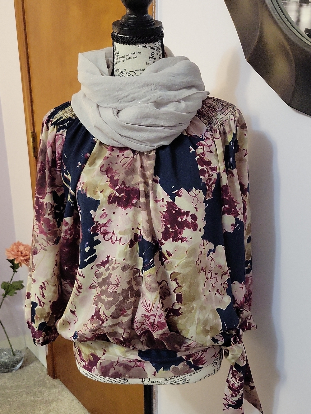 Gallery Navy and Burgundy Floral Blouson Top